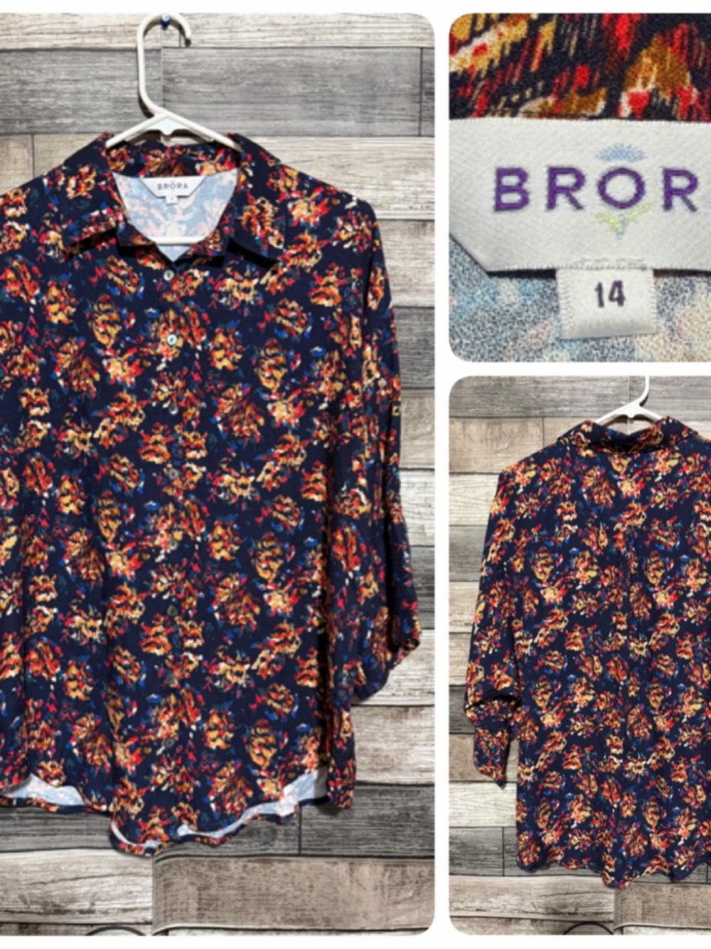 Brora Floral Button Up Shirt Women’s 14 Blue 100% Viscose